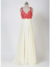 Beaded Red Lace Champagne Chiffon Criss Cross Back Prom Dress